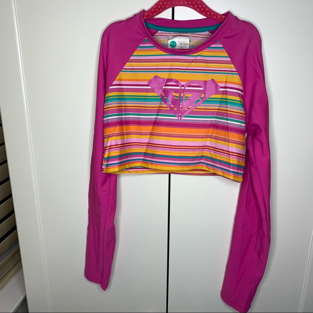 Roxy Girl Striped Crop Long Sleeve Rash Guard Top